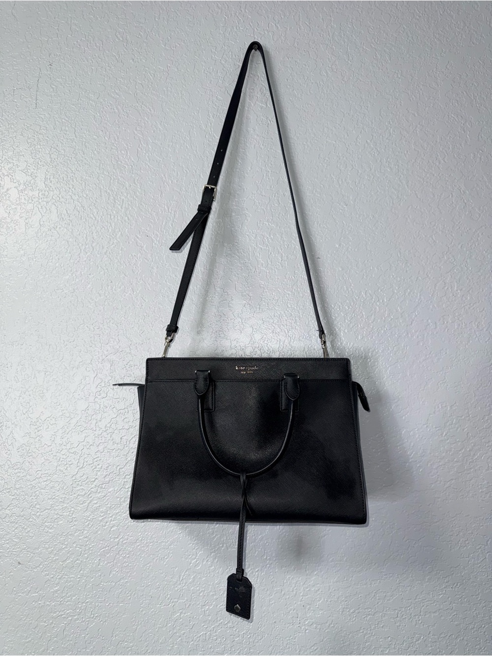 kate spade black leather satchel with adjustable crossbody strap
